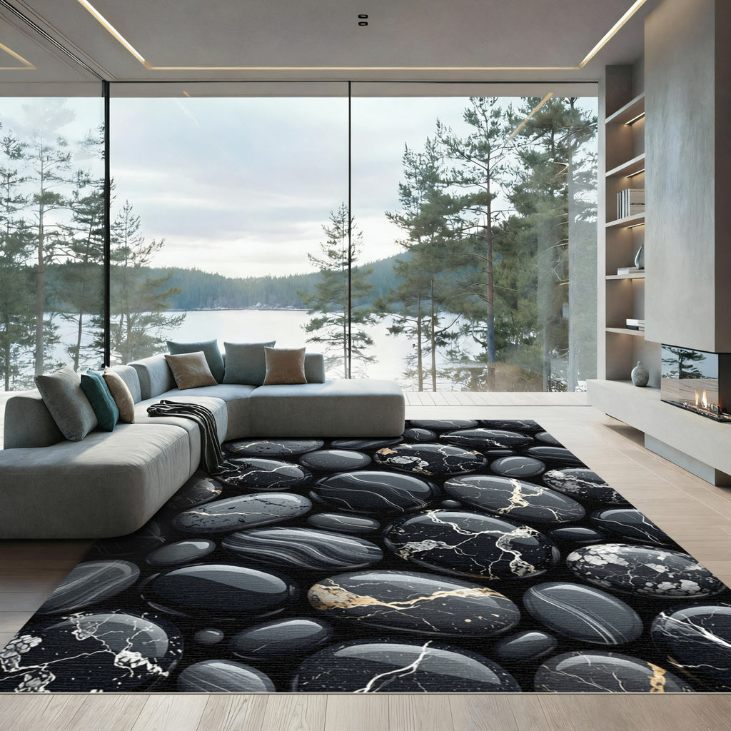 Black Marble Stone Abstract Composition Rug