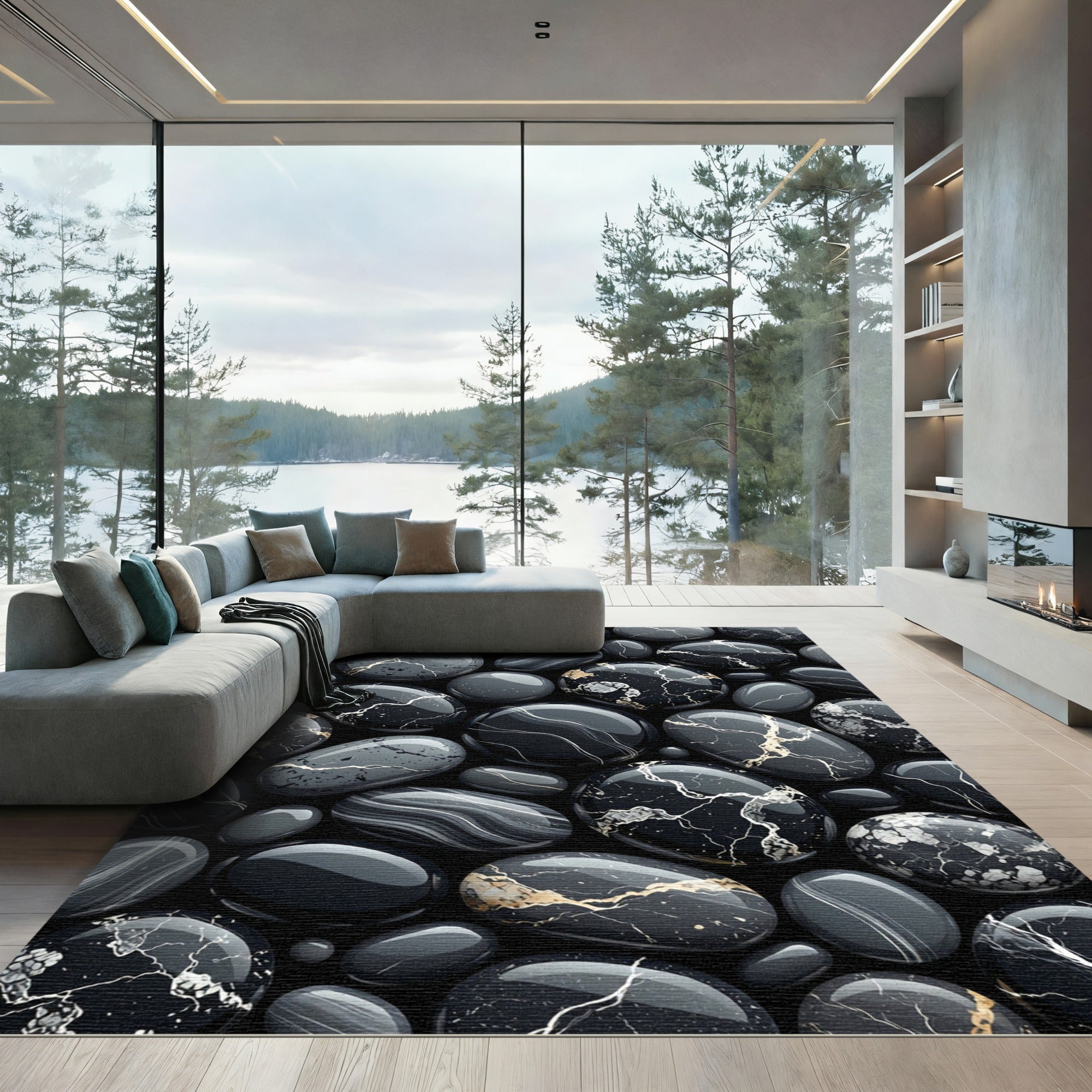 Black Marble Stone Abstract Composition Rug
