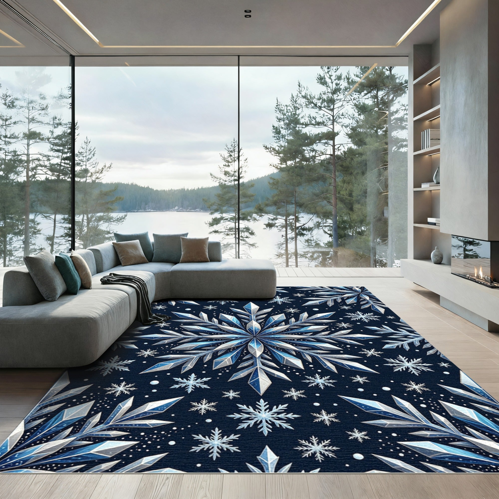 Midnight Blue Shimmering Crystal Snowflake Rug