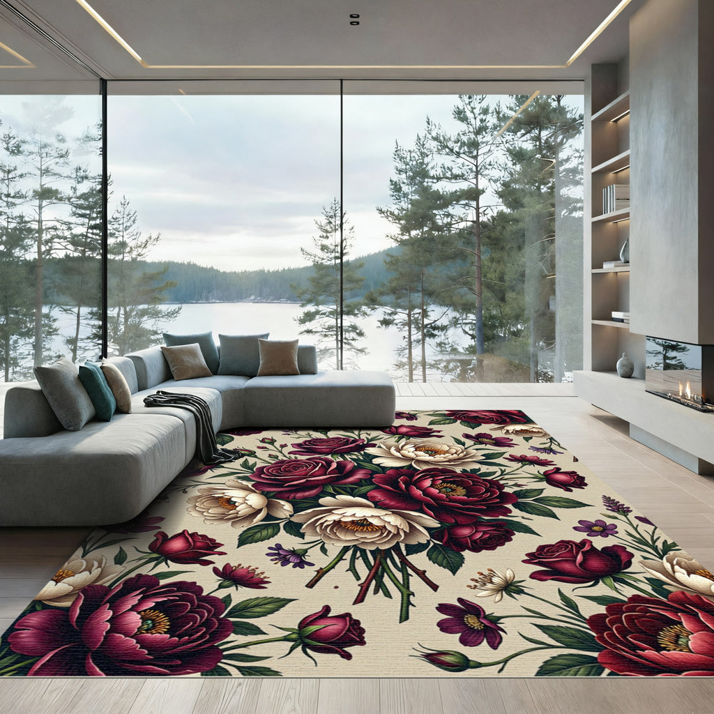 Rich Crimson Floral Bouquet Harmony Rug