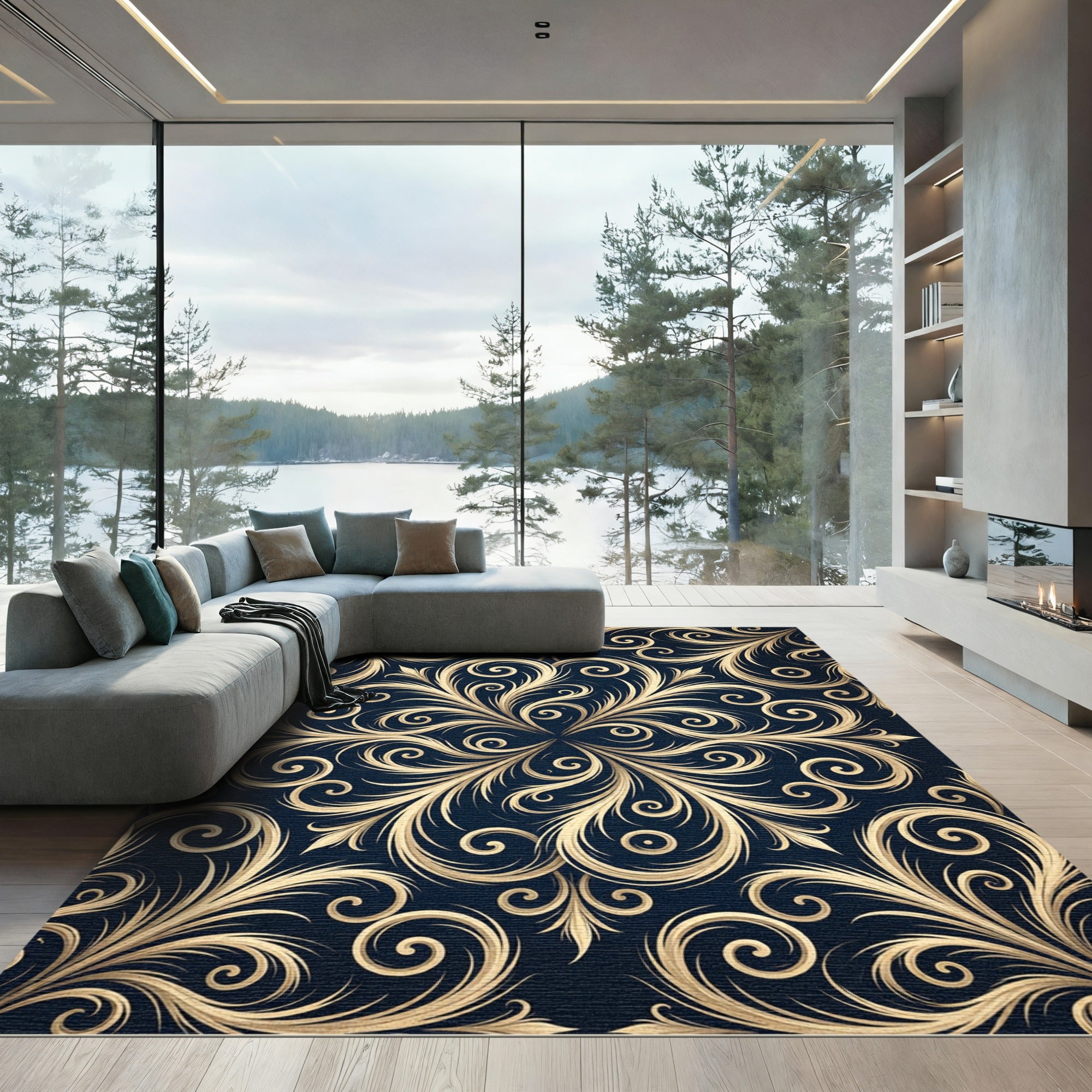 Elegant Golden Scrollwork Navy Medallion Rug