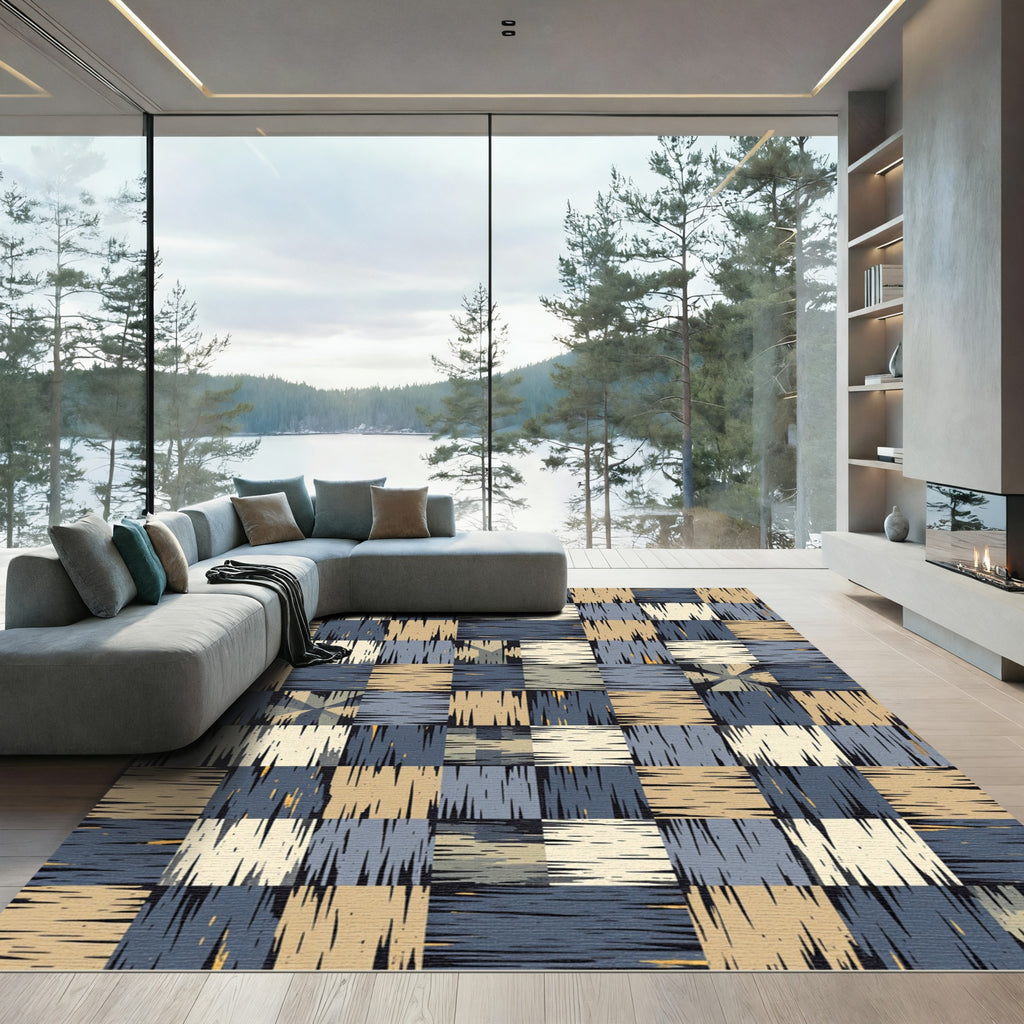 Modern Blue and Beige Checked Rug