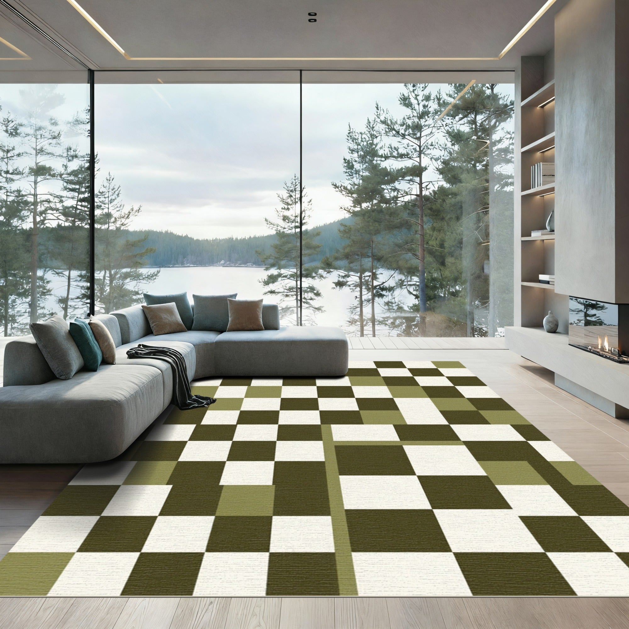 Olive Green Modern Abstract Checkerboard Rug