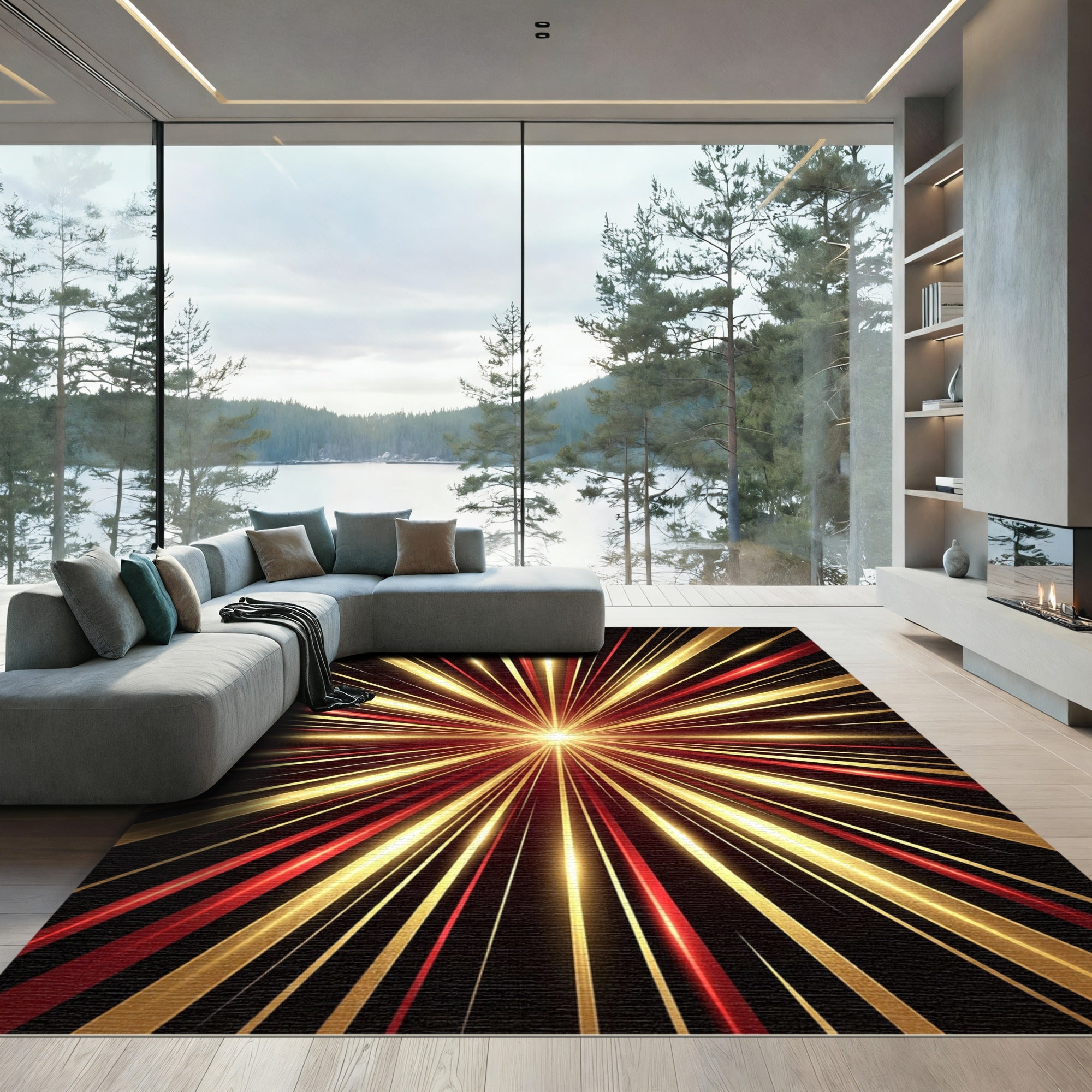 Vibrant Red Gold Burst Rug