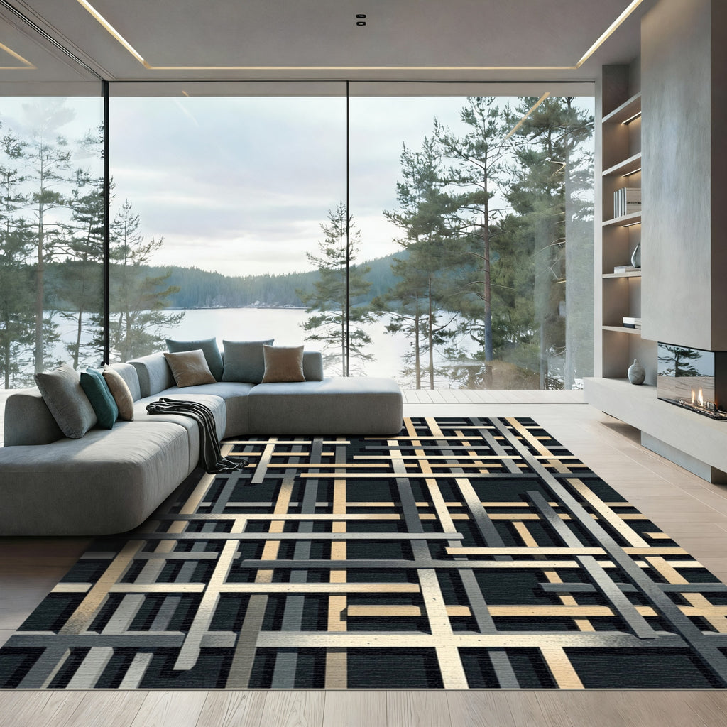 Modern Gold and Charcoal Intersecting Grid Rug