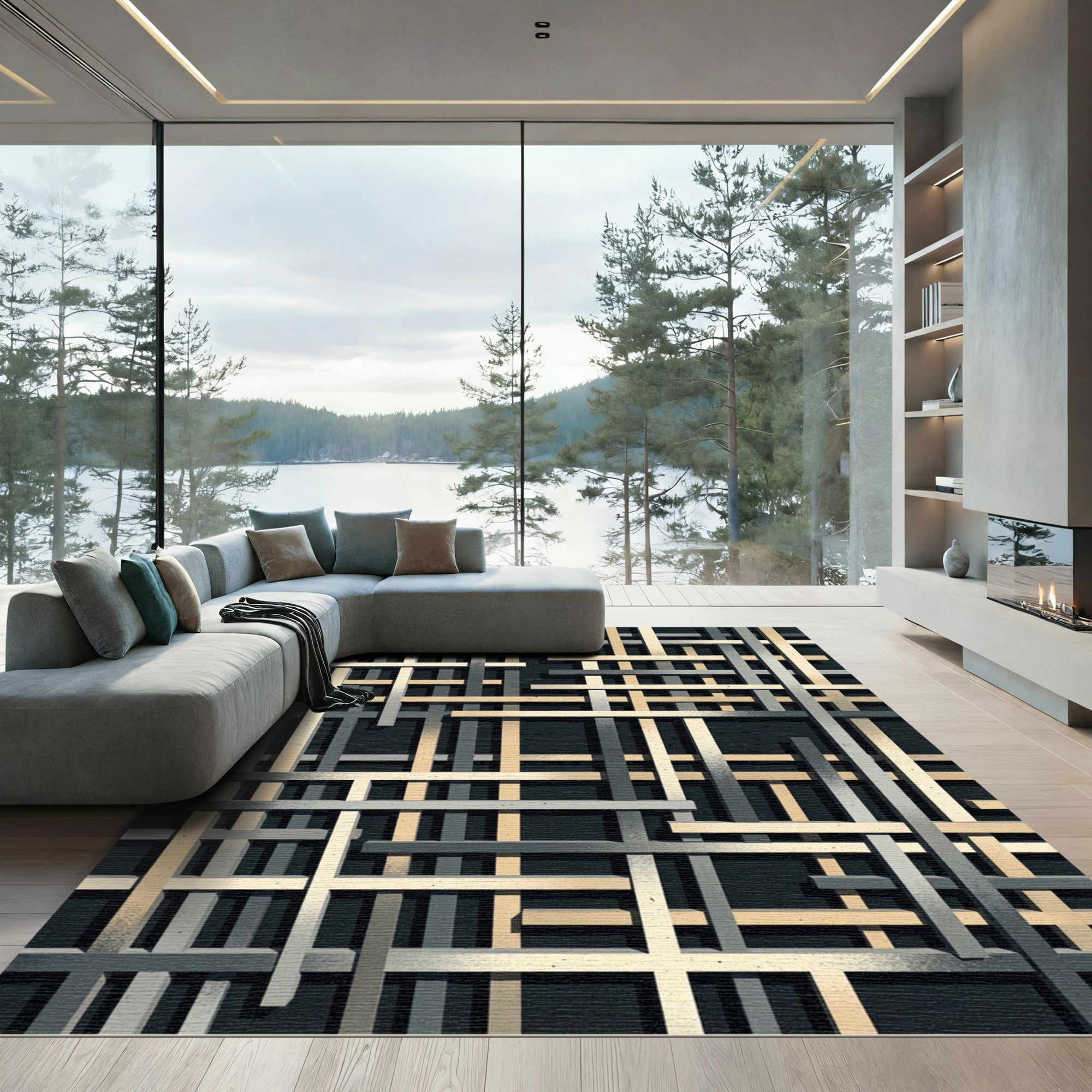 Modern Gold and Charcoal Intersecting Grid Rug