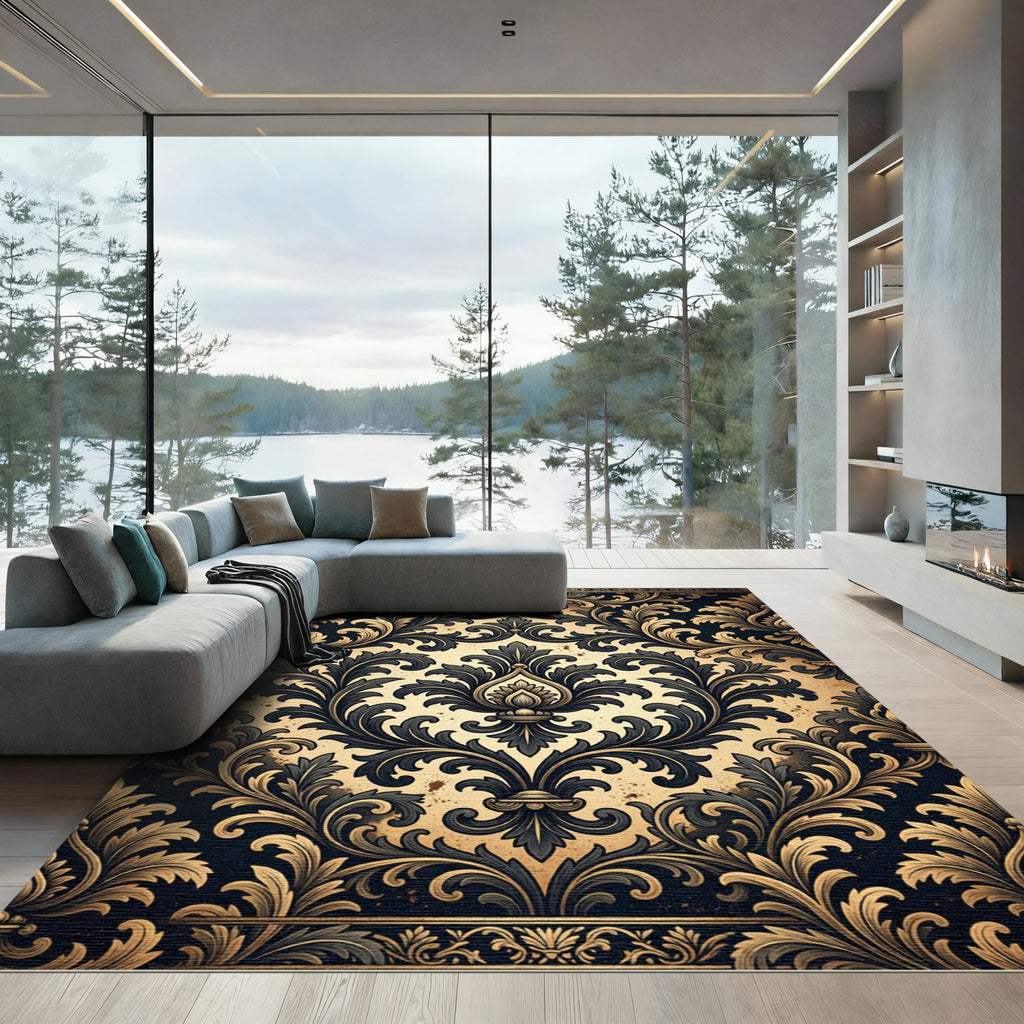 Ornate Black and Gold Damask Swirls Rug