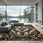 Ornate Black and Gold Damask Swirls Rug