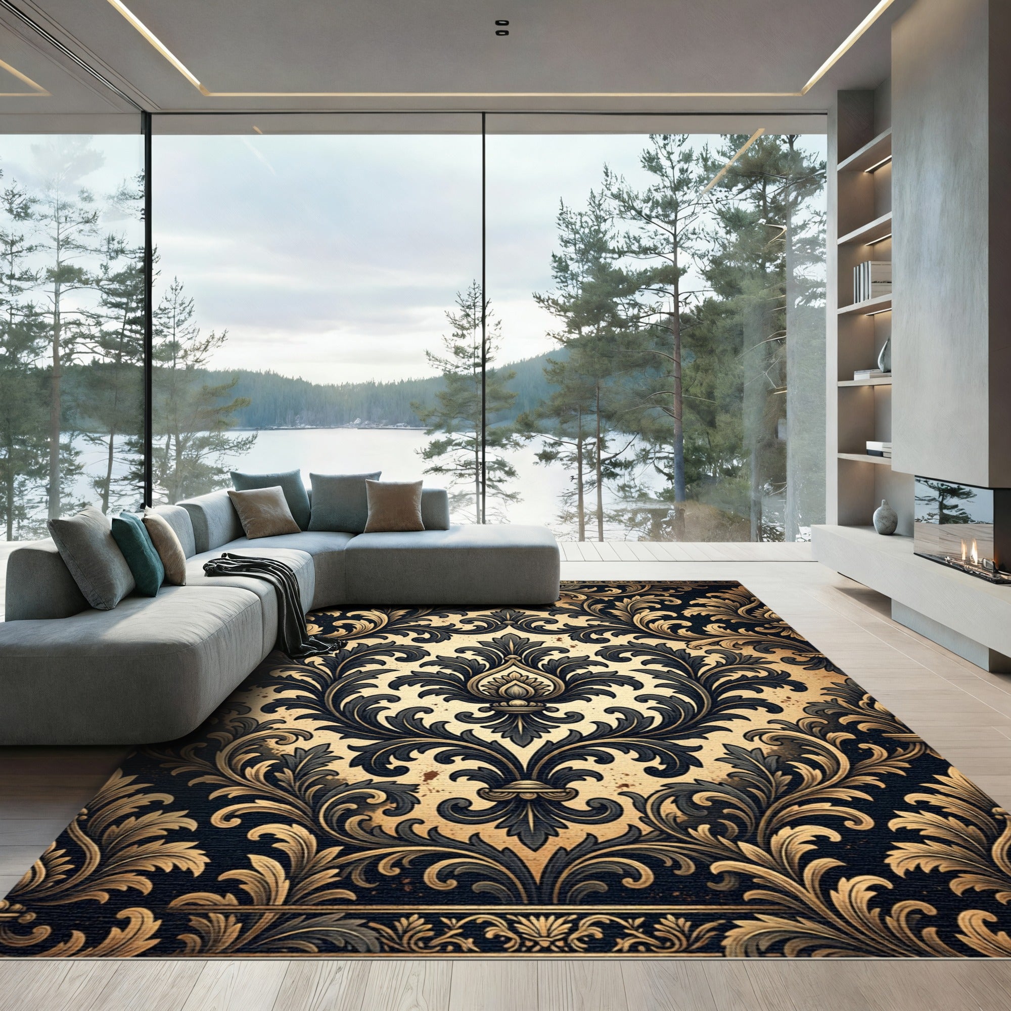 Ornate Black and Gold Damask Swirls Rug