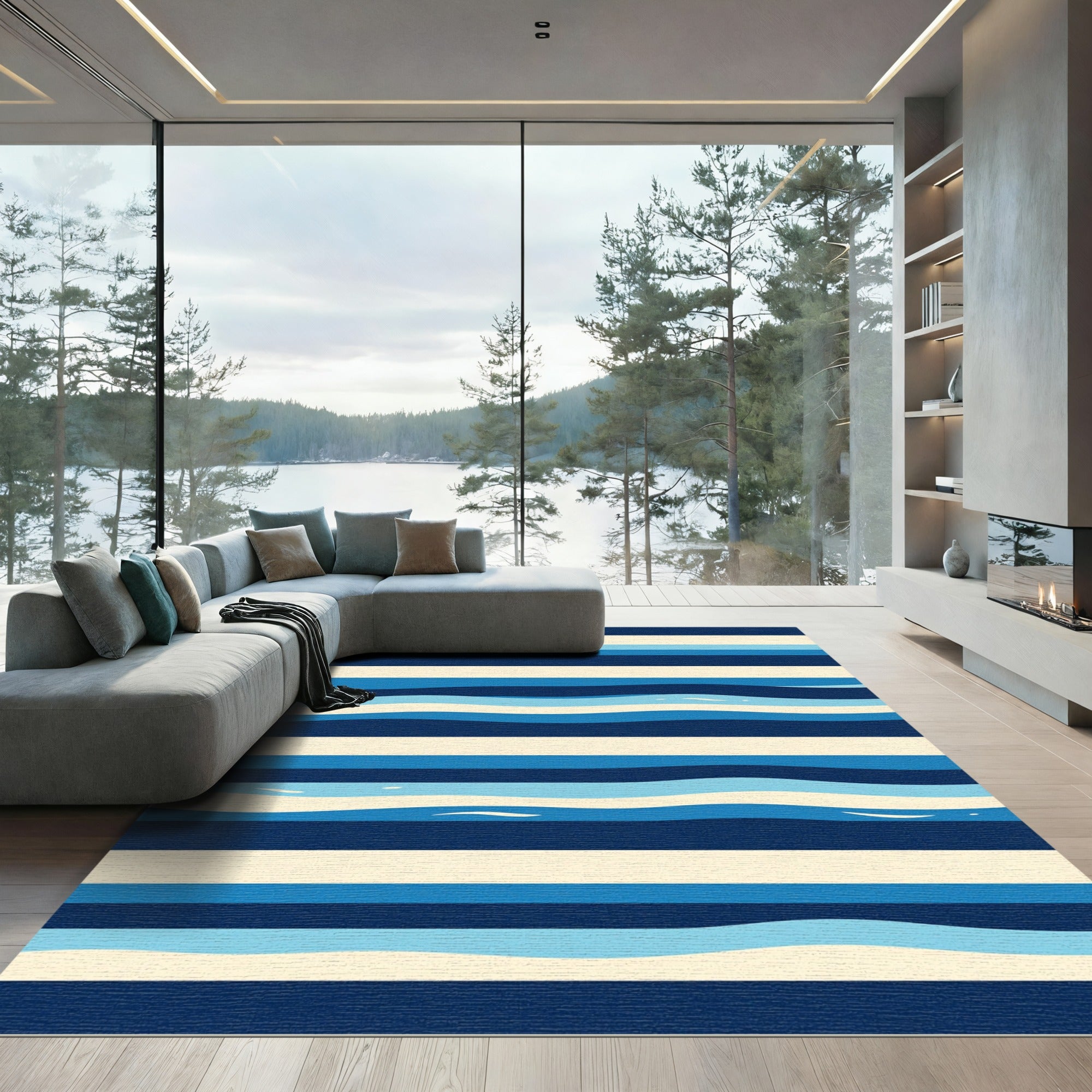 Coastal Blue Wave Striped Rug