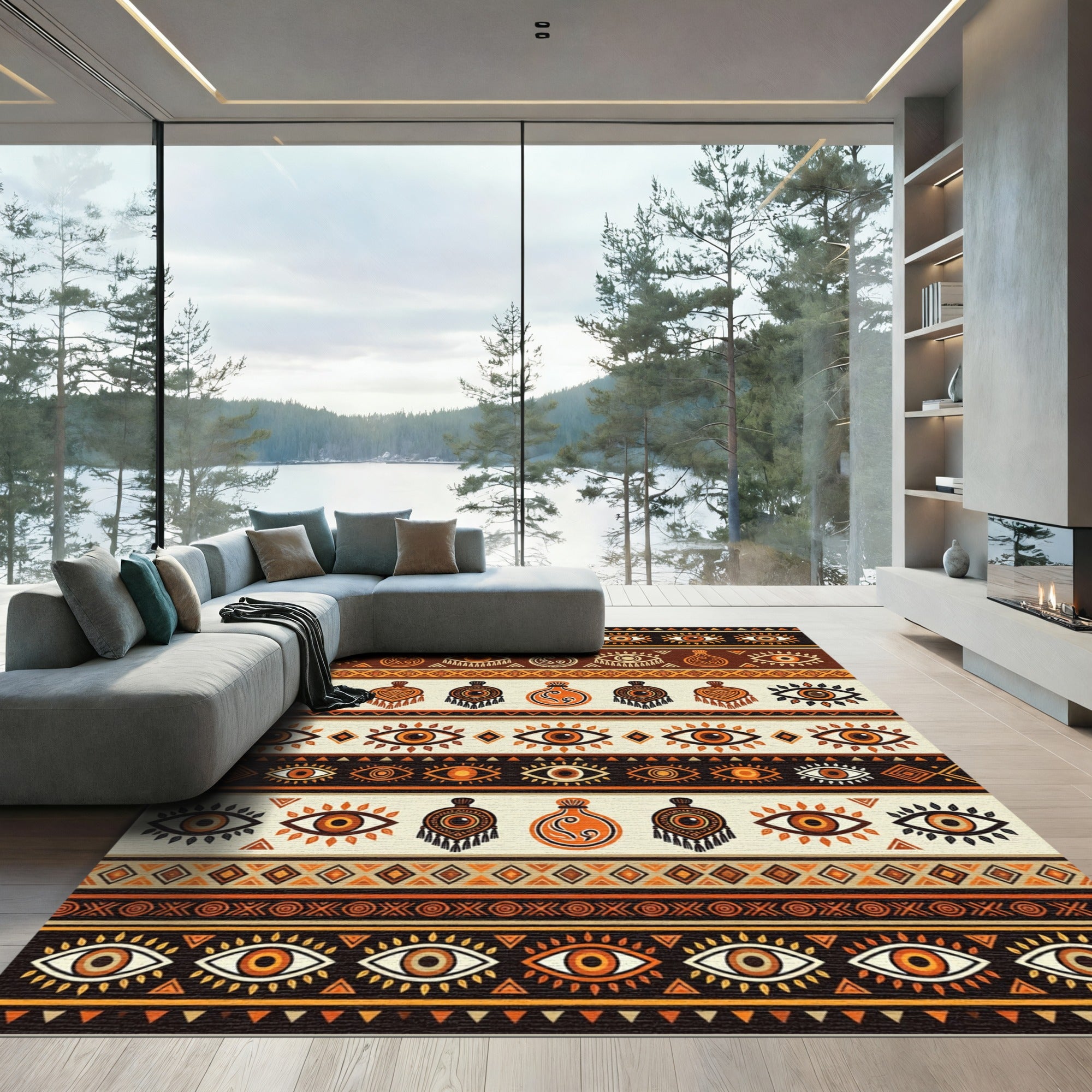 Tribal Eye Earthy Ochre Geometric Striped Rug