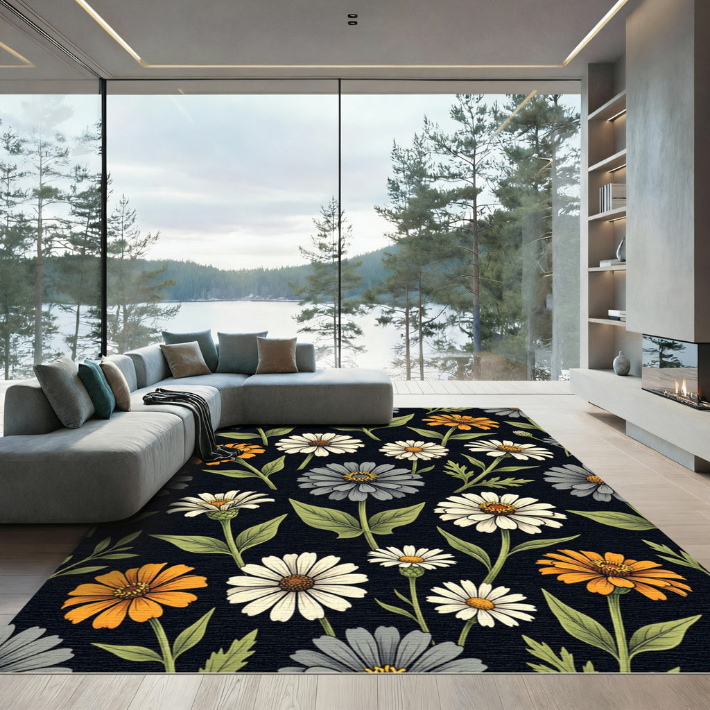 Dark Floral Meadow Botanical Art Rug