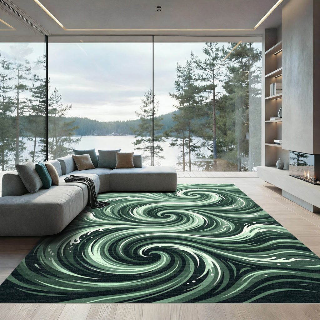 Ethereal Sage Green Swirling Wave Rug