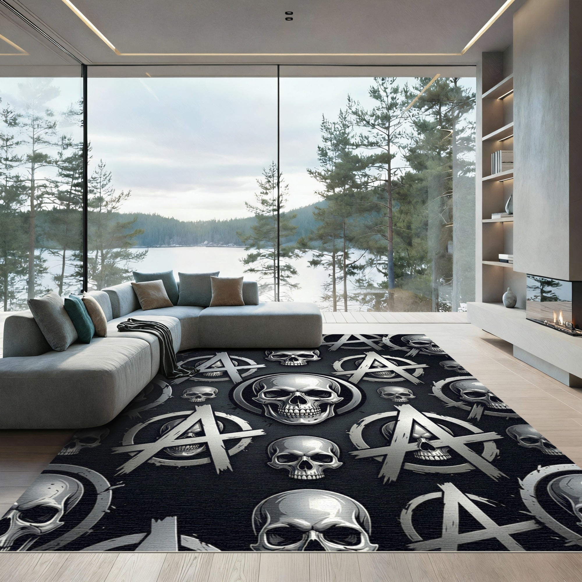 Silver Metallic Skull and Anarchy Symbol Rug