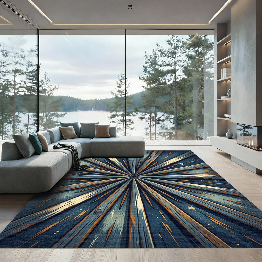 Radiating Blue Golden Wood Burst Rug