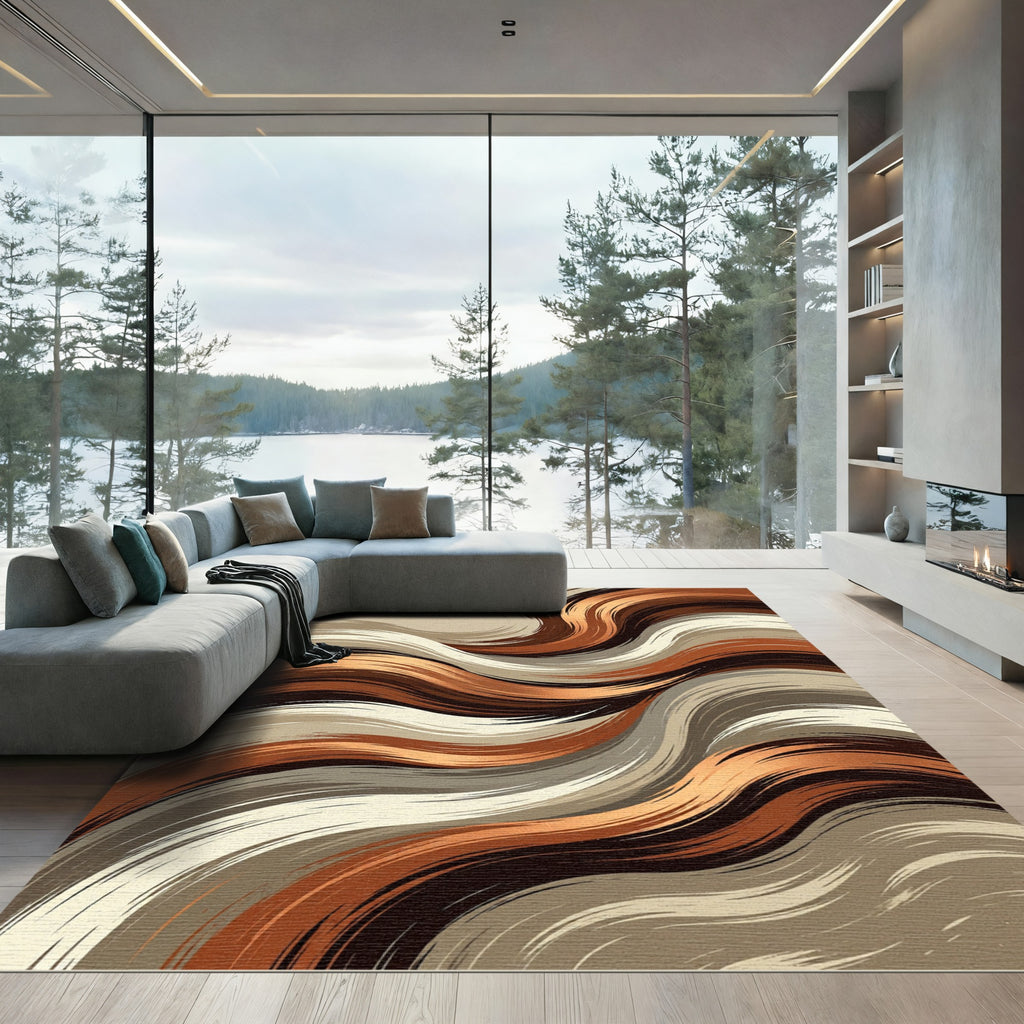 Abstract Earth Tone Wavy Flow Rug