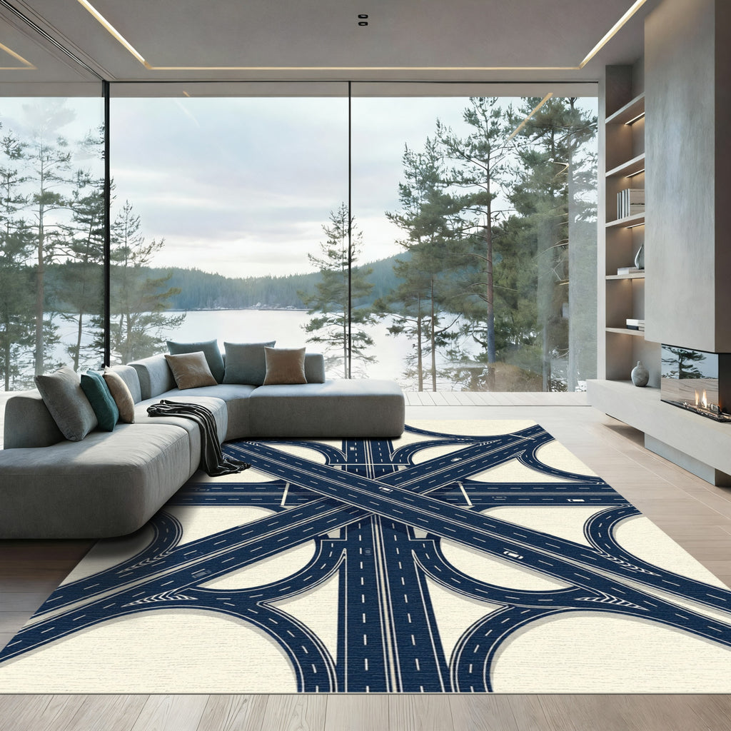 Geometric Navy Highway Interchange Map Rug