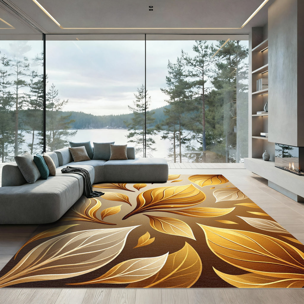 Golden Floating Foliage Botanical Arrangement Rug