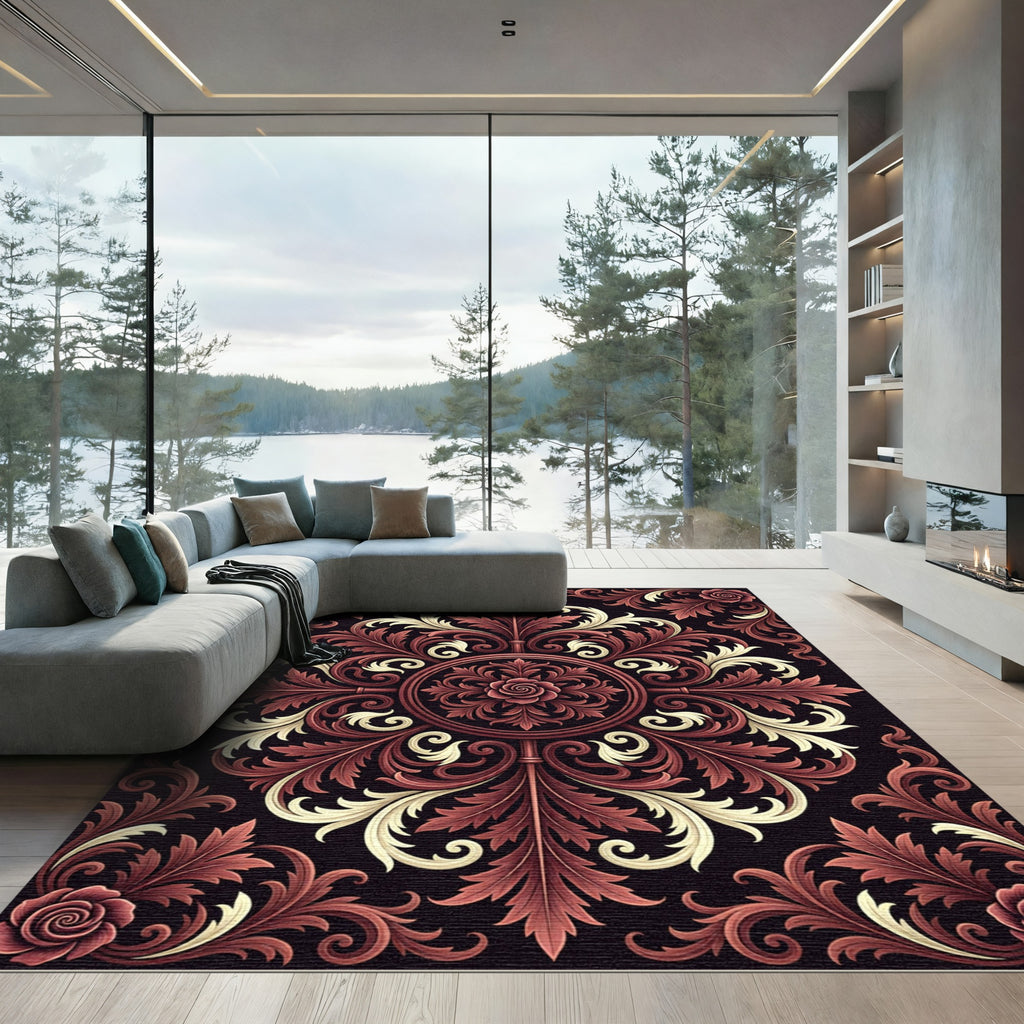 Crimson Rose Scrollwork Ornamental Rug