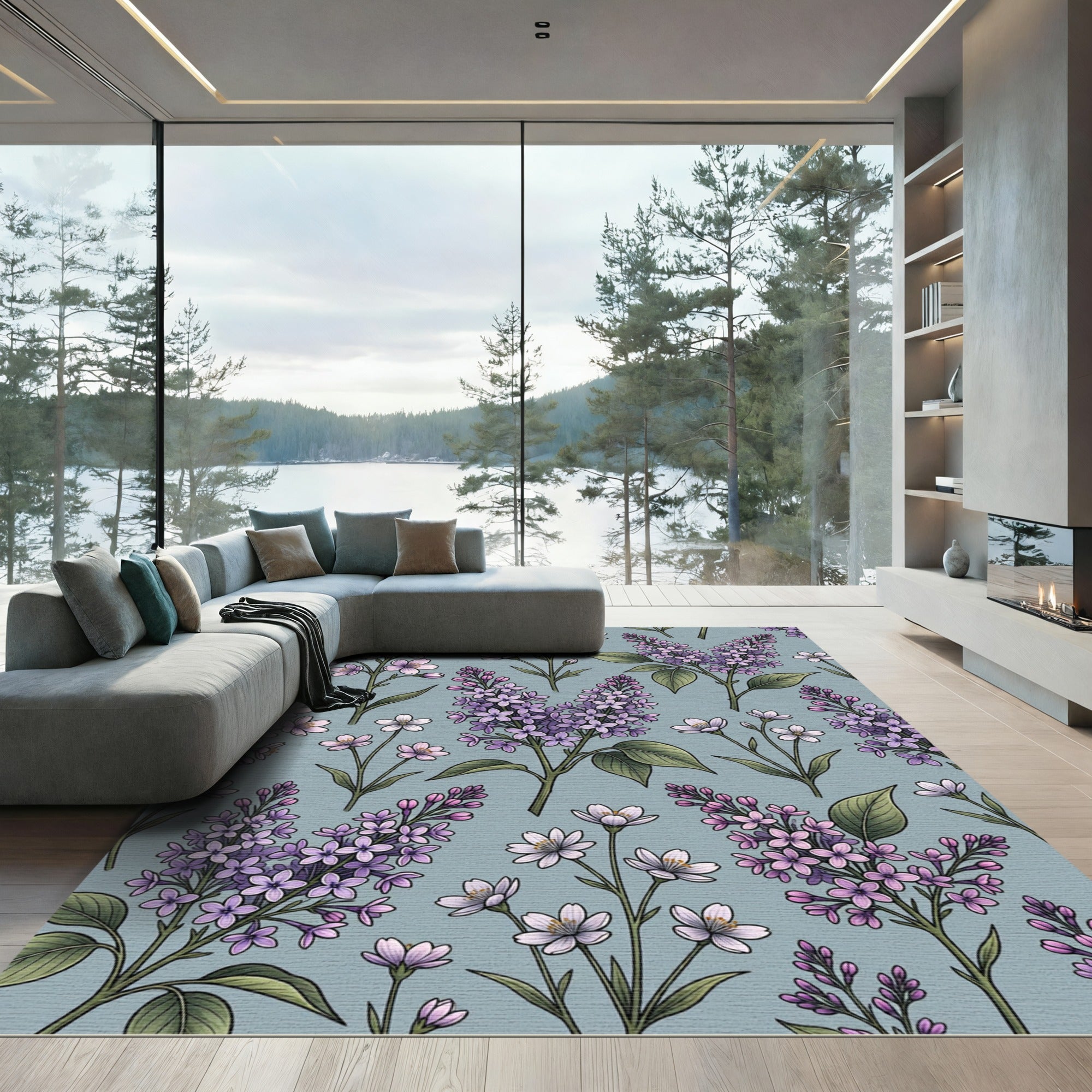 Soft Lavender Blossom Branch Pattern Rug