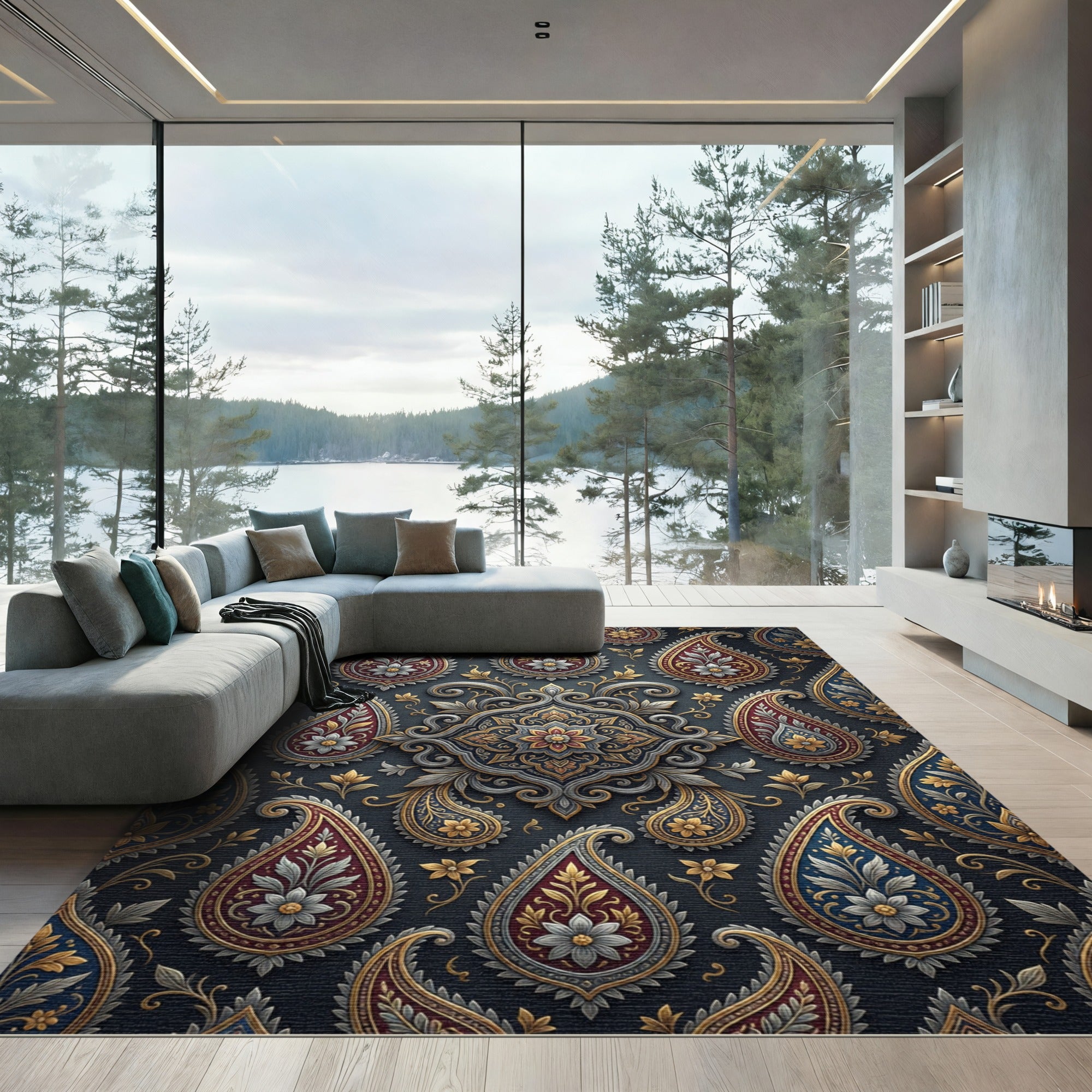 Ornate Crimson Gold Paisley Medallion Rug