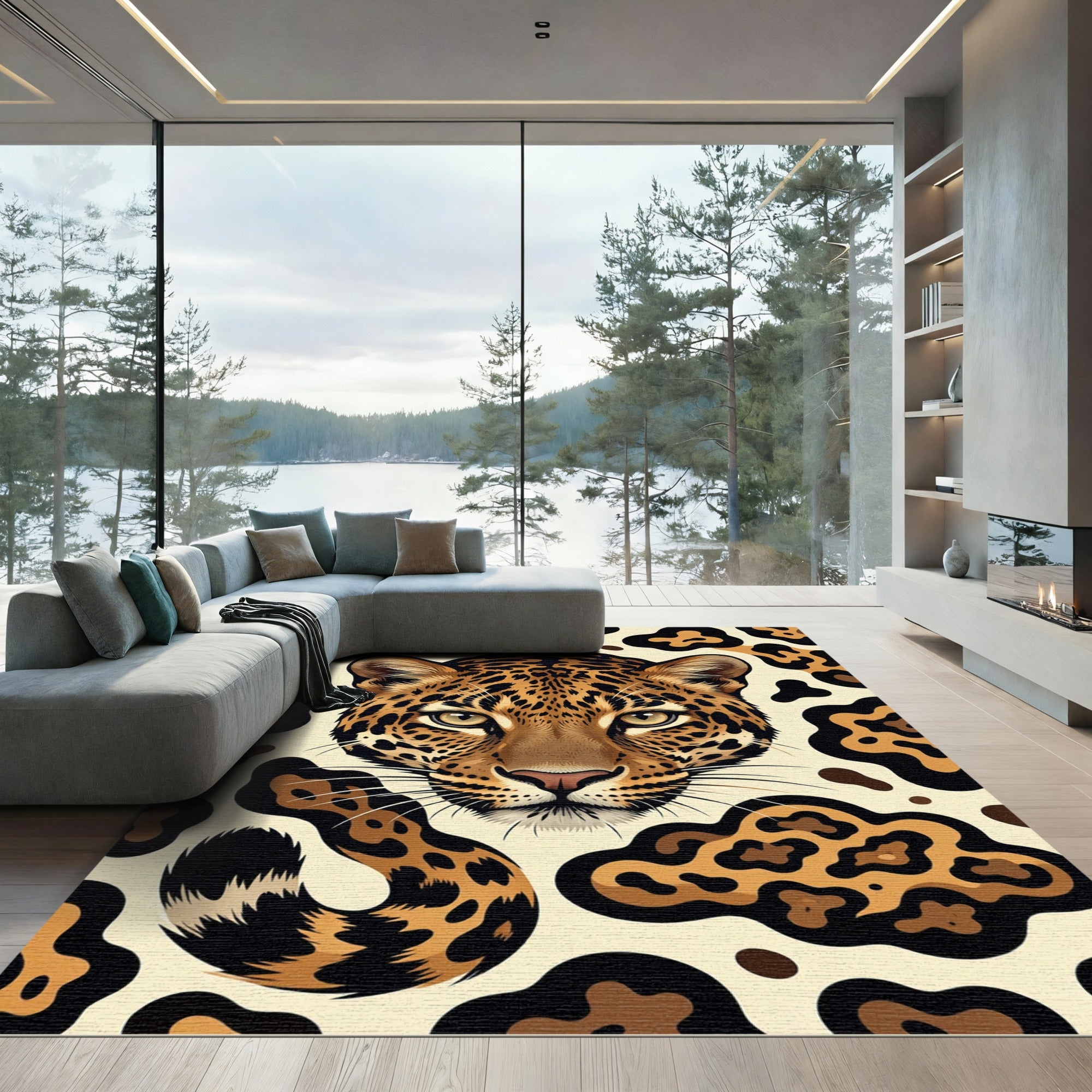 Bold Golden Leopard Face Abstract Rug