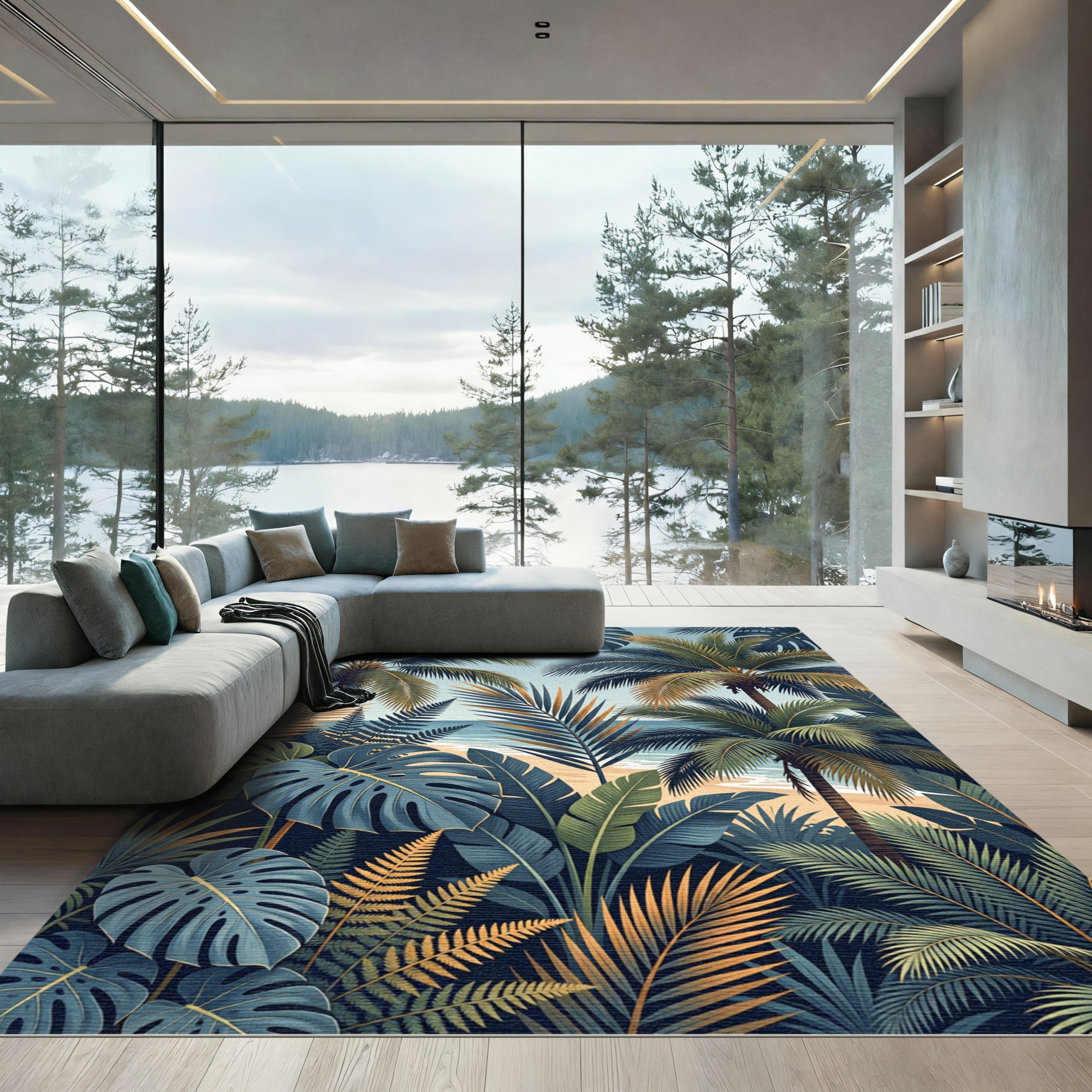 Lush Tropical Palm Leaf Beach Scene Rug