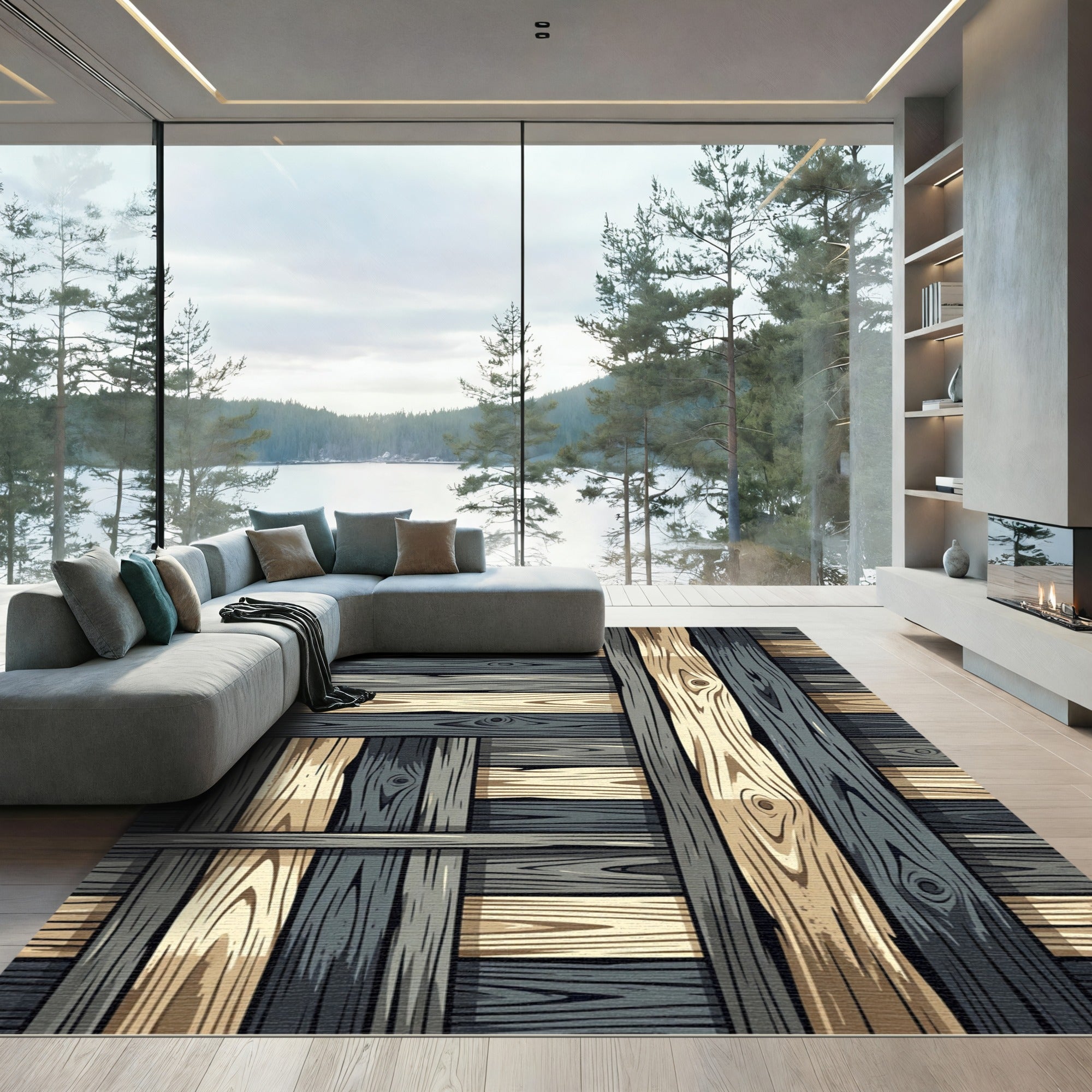 Earthy Tone Slatted Wood Weave Rug