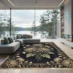 Vintage Gold Black Floral Chrysanthemum Illustration Rug