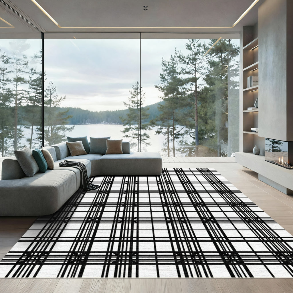 Black White Grid Classic Plaid Rug
