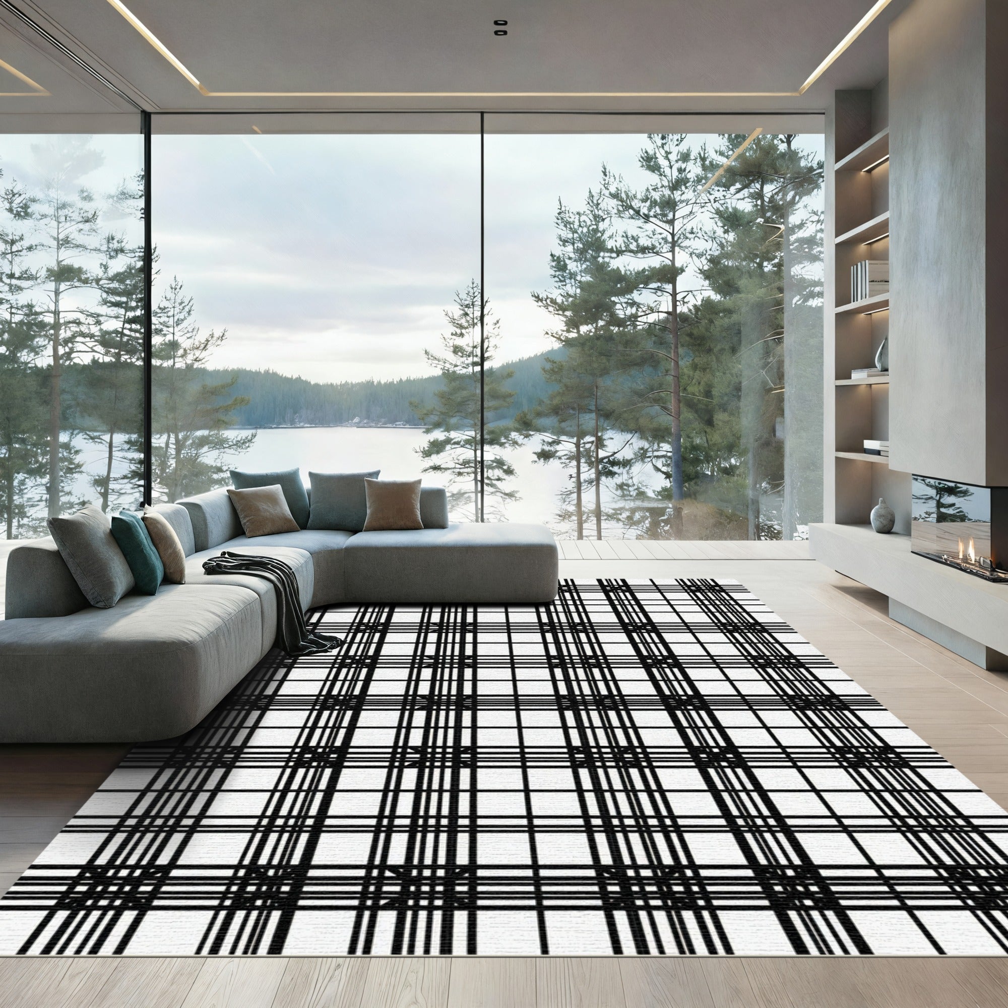 Black White Grid Classic Plaid Rug