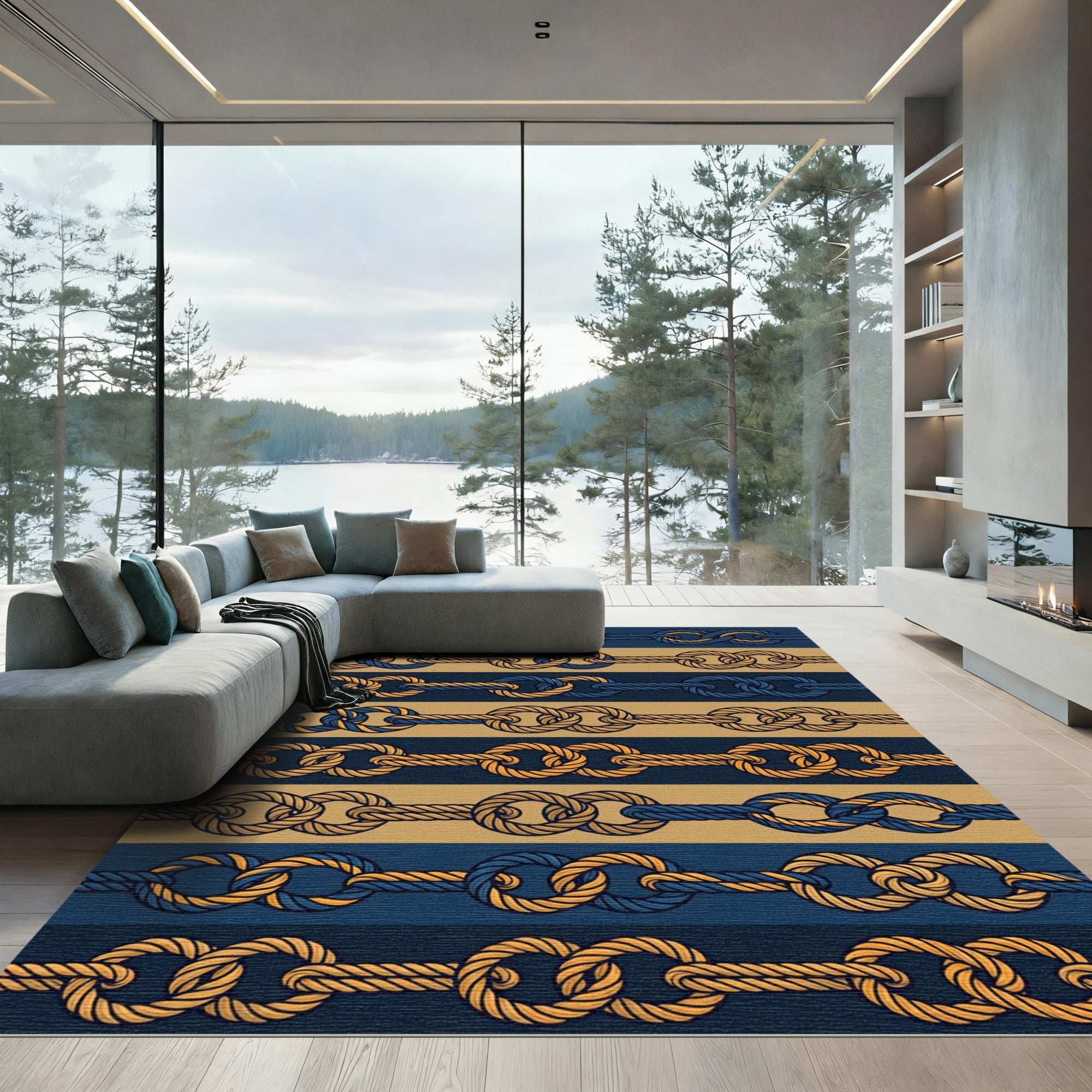 Nautical Blue Gold Rope Stripes Rug