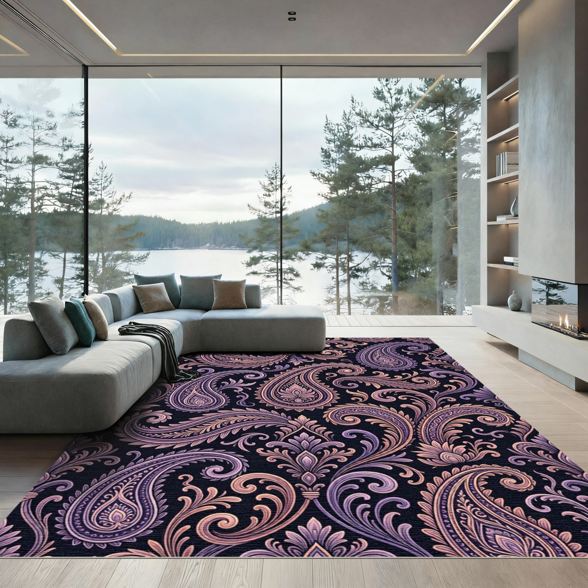 Ornate Paisley Floral Purple Gold Rug