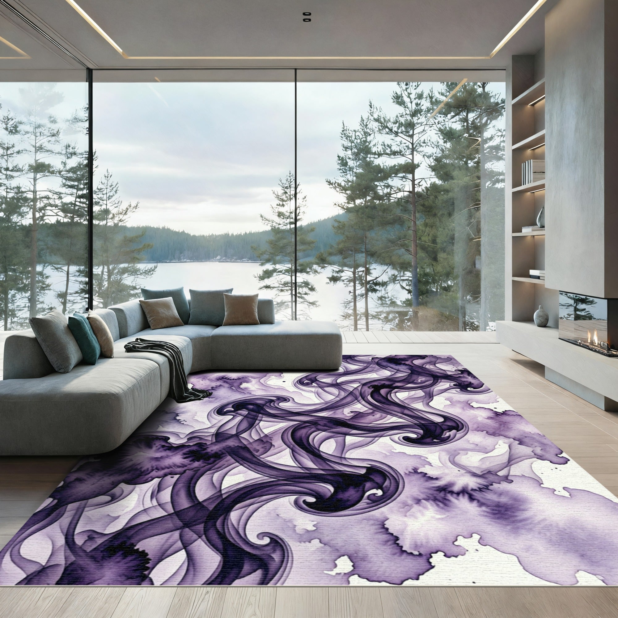 Abstract Violet Smoke Wave Swirl Rug