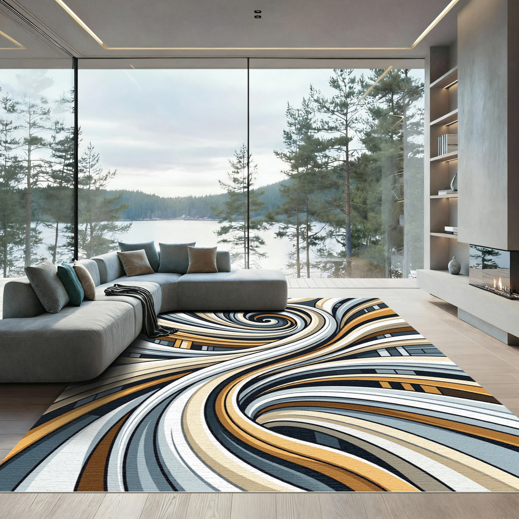 Modern Gold and Gray Abstract Swirl Rug