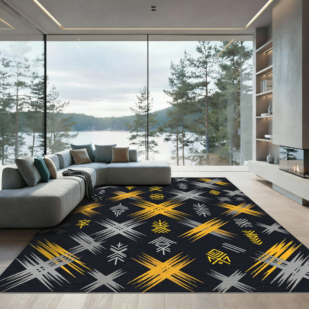 Black Golden Ethnic Geometric Tribal Rug