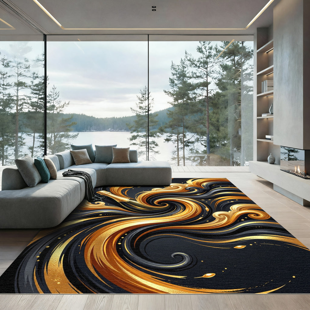 Golden Swirl Abstract Black Liquid Art Rug