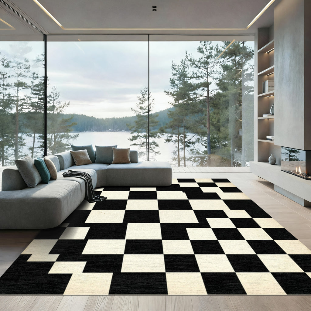 Minimalist Black and White Checkered Square Rug