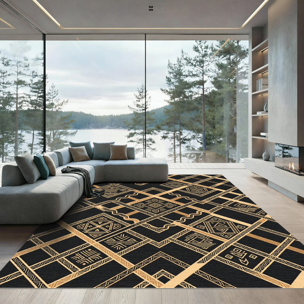 Gold Black Geometric Tribal Diamond Rug