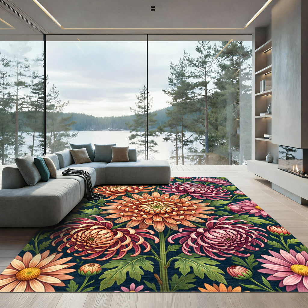 Vibrant Autumnal Chrysanthemum Floral Botanical Rug