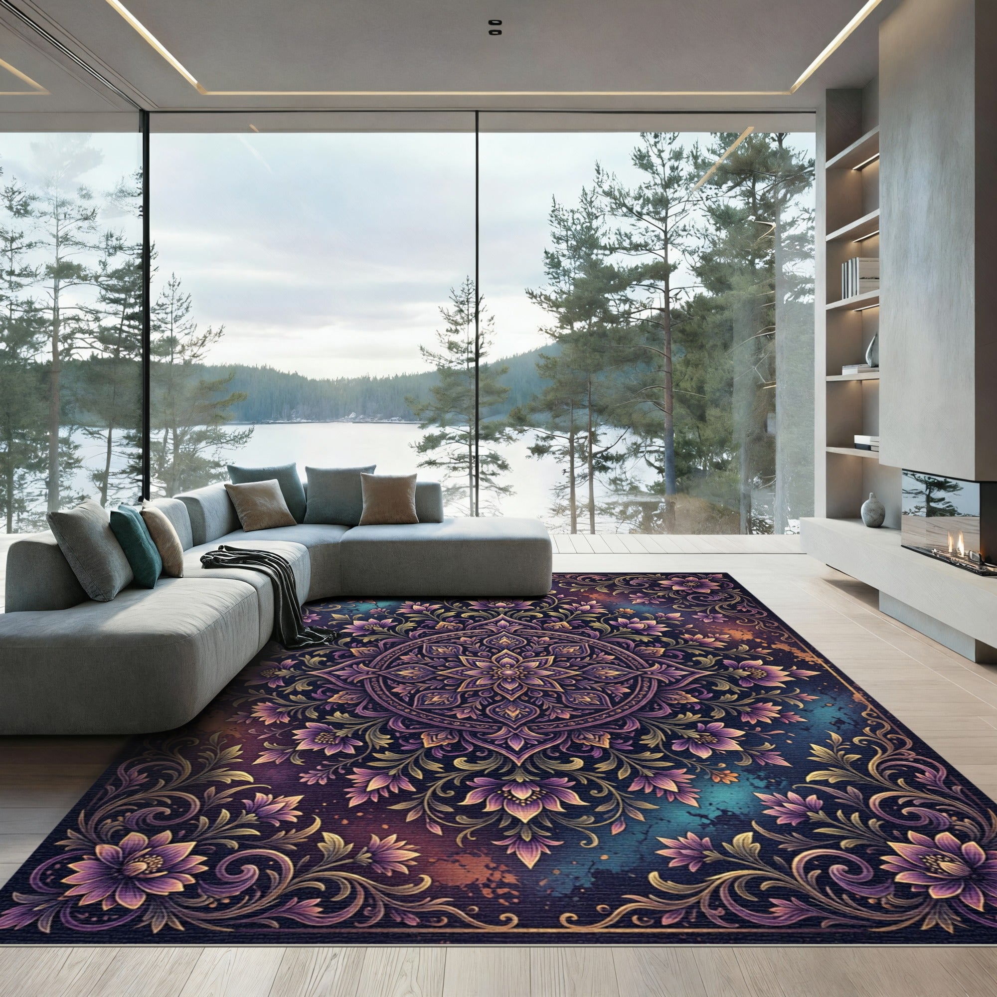 Enchanting Purple Floral Mandala Medallion Rug