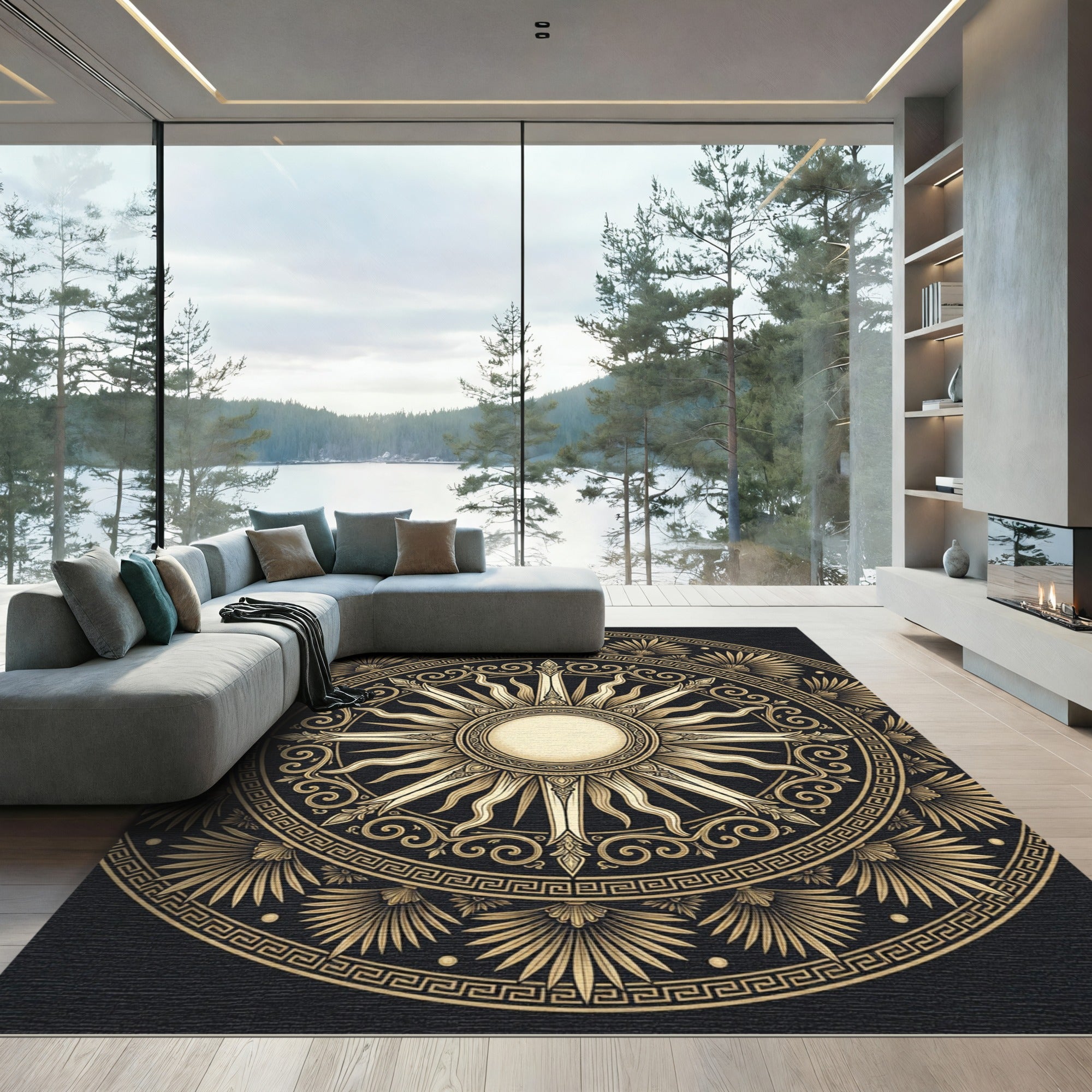Golden Sunburst Medallion Greco Roman Rug