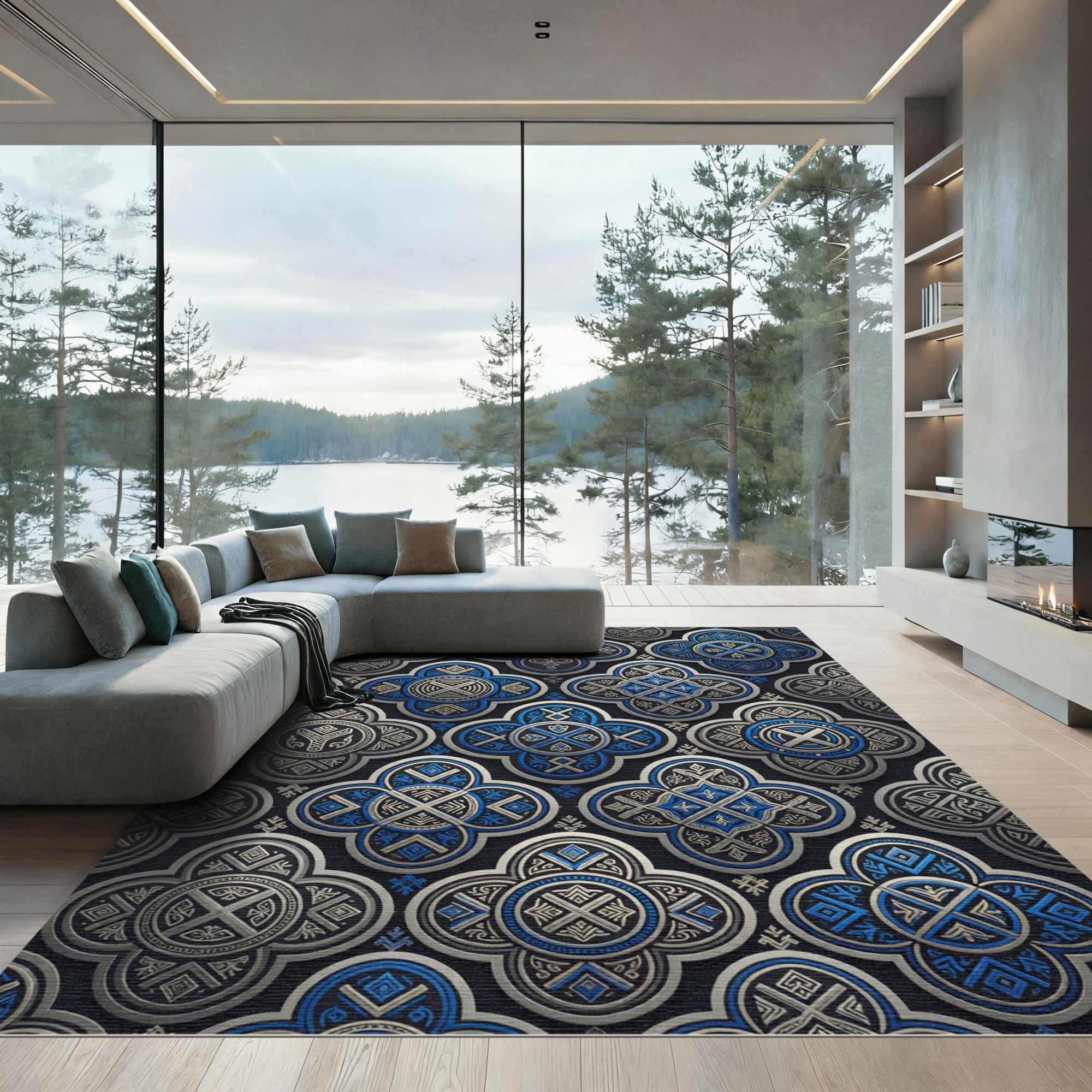 Blue Silver Ornate Quatrefoil Geometric Tile Rug