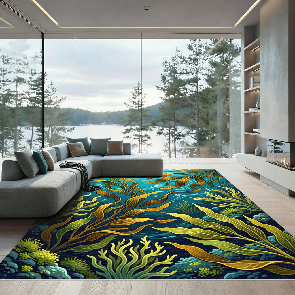 Underwater Golden Kelp Forest Wave Rug