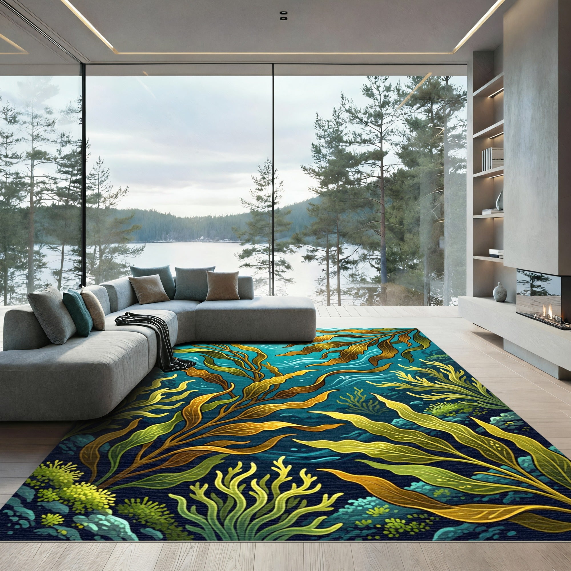 Underwater Golden Kelp Forest Wave Rug