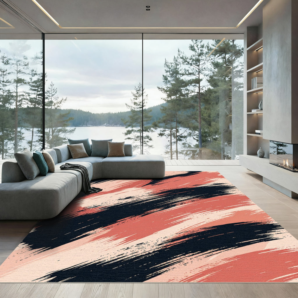 Modern Black Salmon Abstract Brush Stroke Rug