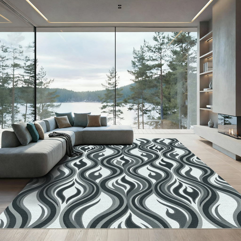 Monochrome Wavy Flame Abstract Stream Rug