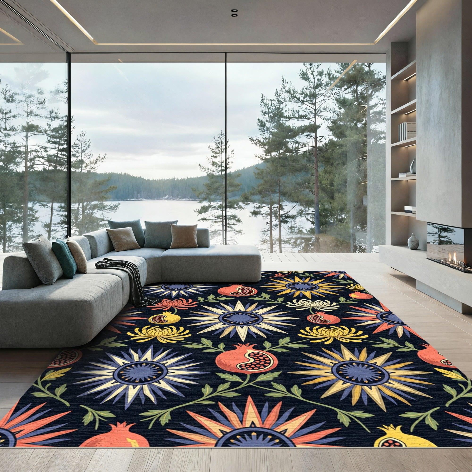 Dark Floral Botanical Pomegranate Art Rug