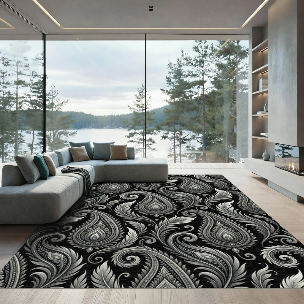 Monochrome Paisley Floral Swirls Rug