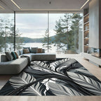 Monochrome Tropical Feather Leaf Illustration Rug